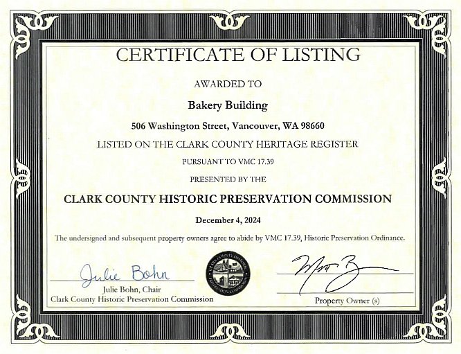Clark County Heritage Register certificate, 2024